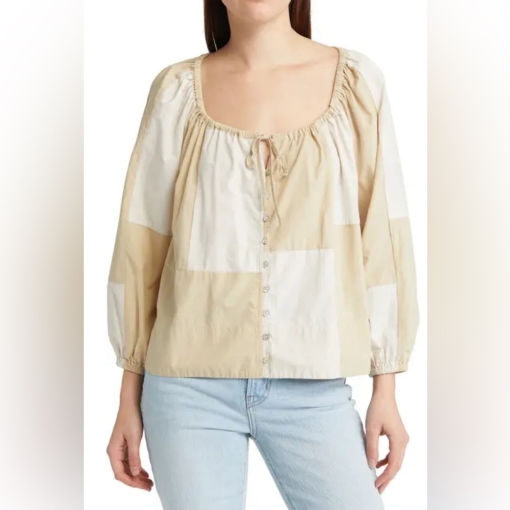 Madewell Patchwork Tie Front Crinkled Poplin Top Size Medium Beige Neutral